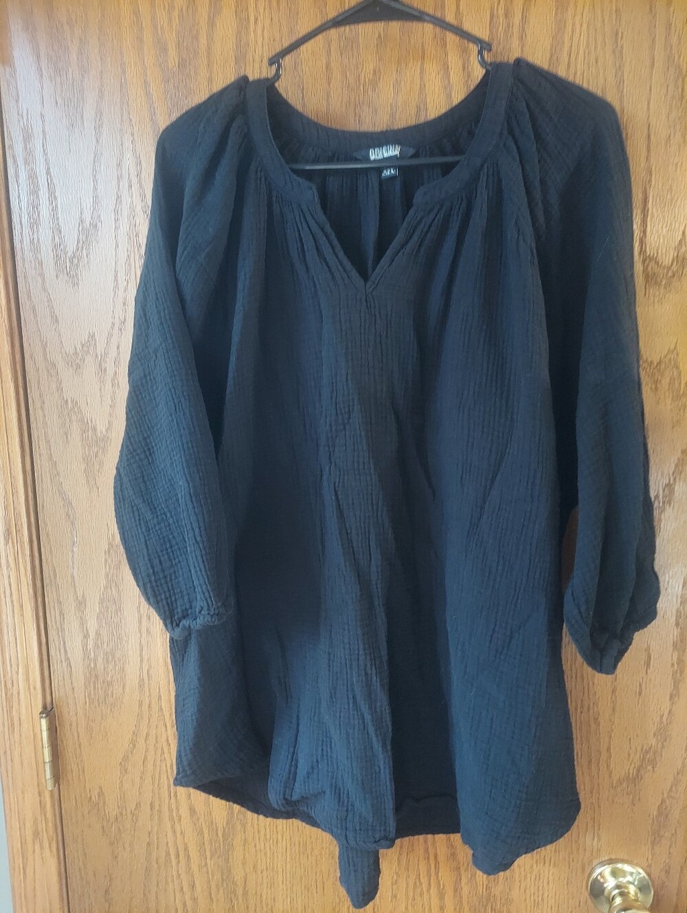 Nicole Miller Original Black Crinkle Gauze Tunic Top XXL Boho Split Neck